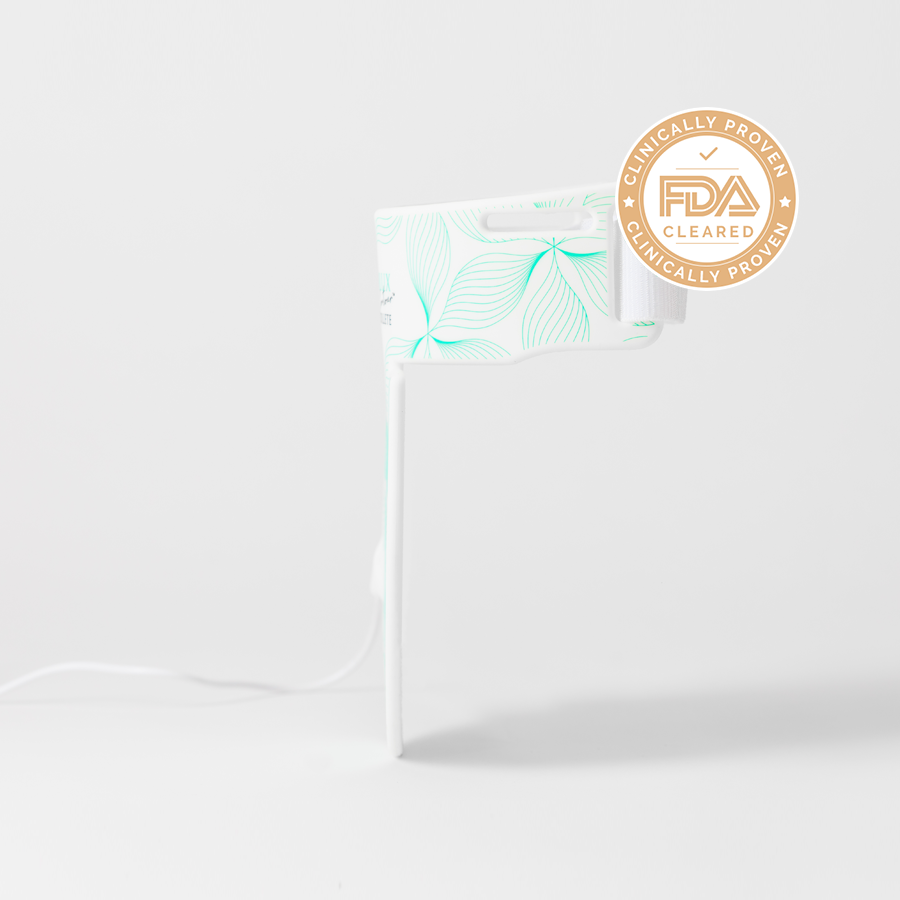 FDA cleared badge on side image of omnilux neck and decolletage light therapy device