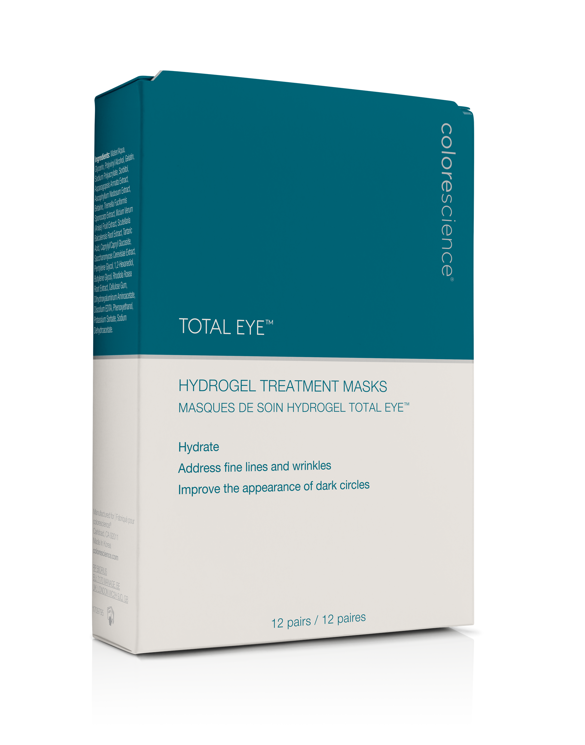 Blue and white box of total eye hydrogel treatment masks from colorescience