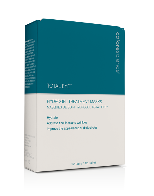 Blue and white box of total eye hydrogel treatment masks from colorescience