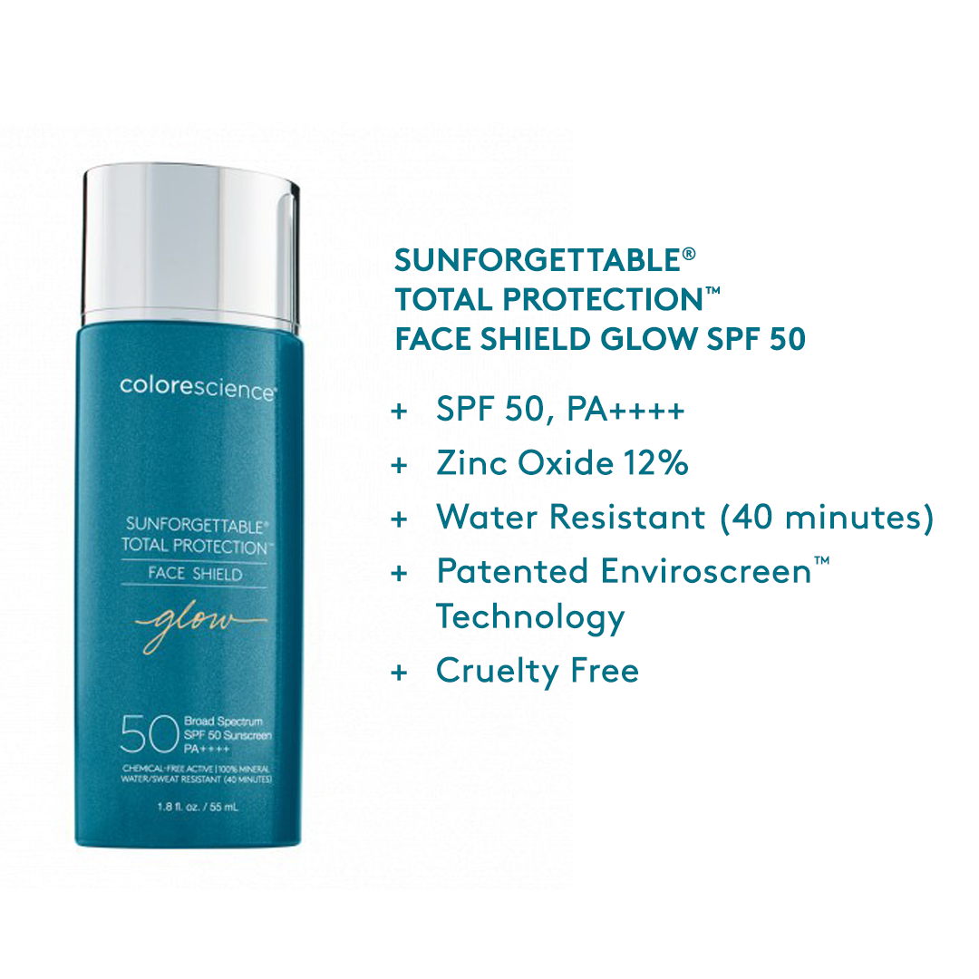 Infographic of Colorescience sunforgettable total protection face shield glow spf 50