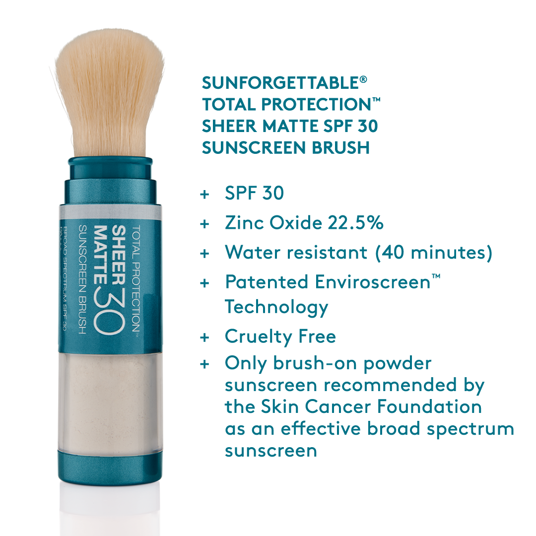 Graphic of benefits of colorescience brush on spf 30