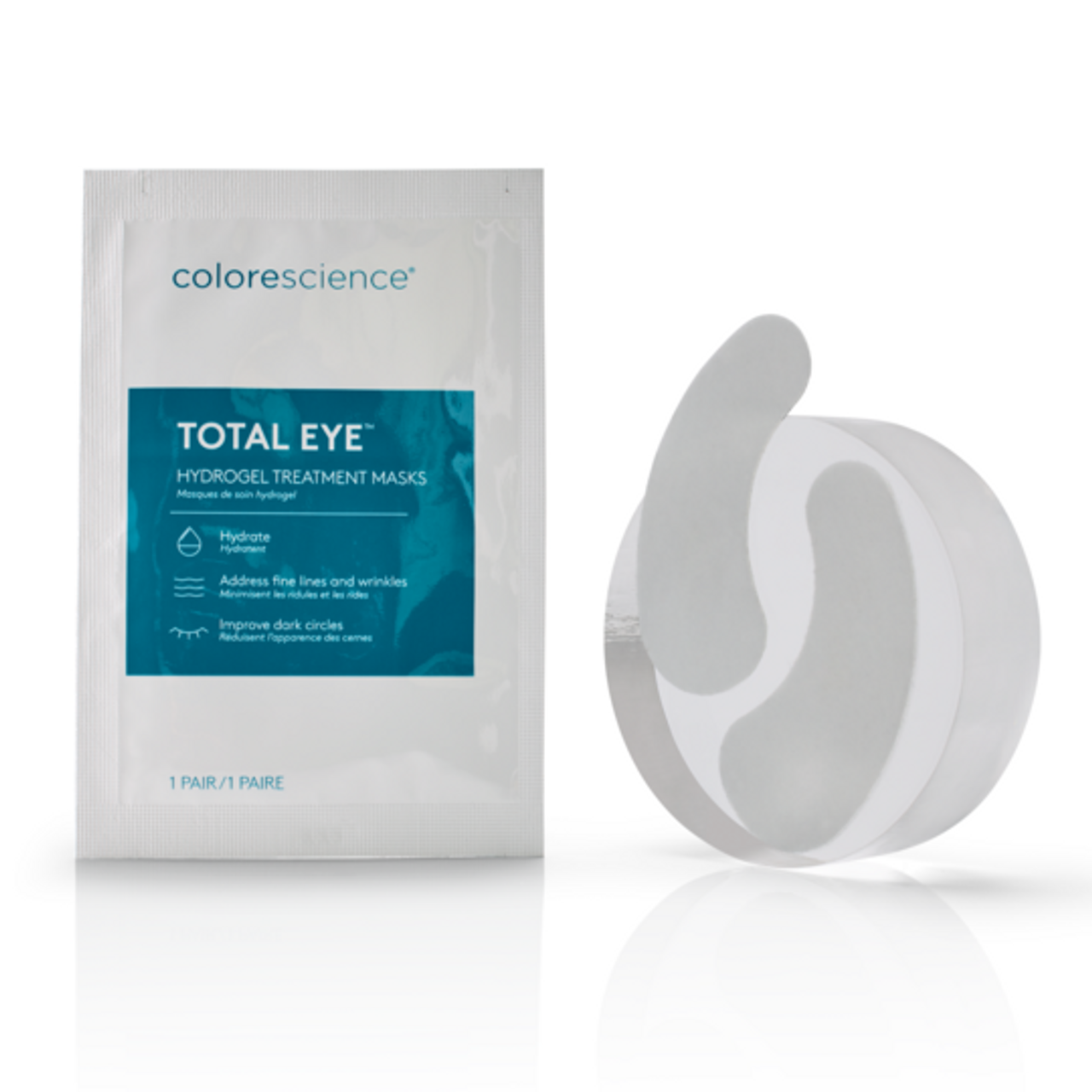 White packet and product image of one pair of total eye hydrogel treatment masks 