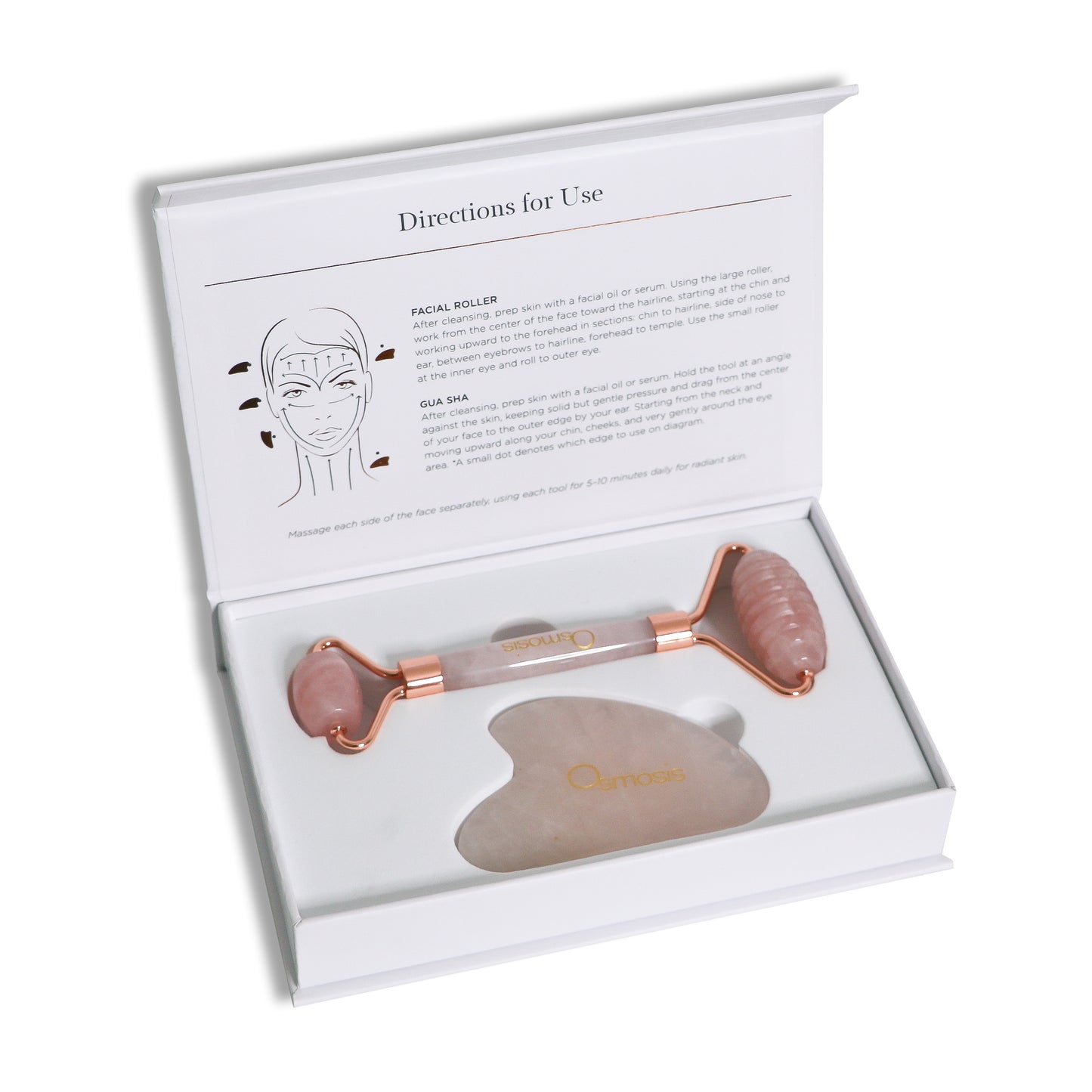 Osmosis Rose Quartz Facial Roller and GuaSha in open box